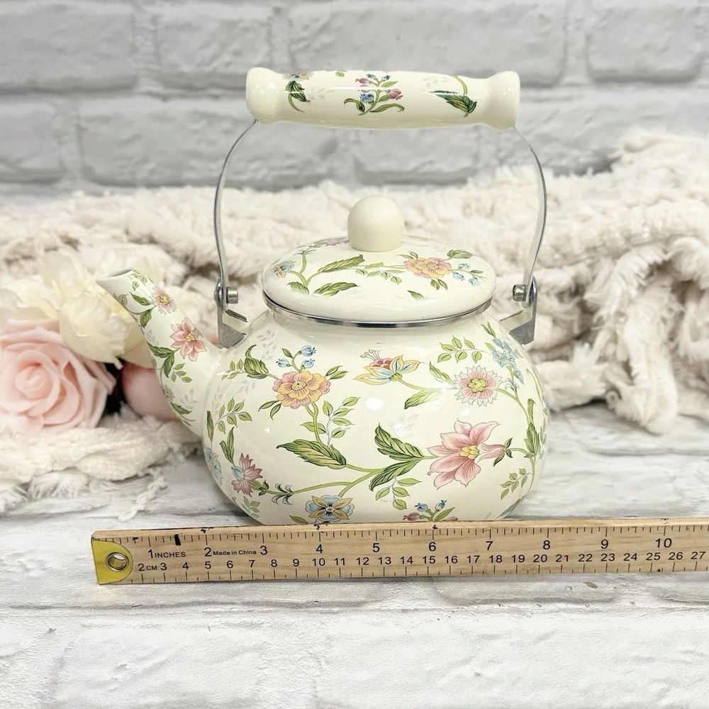 Floral Enamel Tea Pot Kettle Stove Top Porcelain  Cottage Core Farmhouse Nice! - Picture 10 of 15